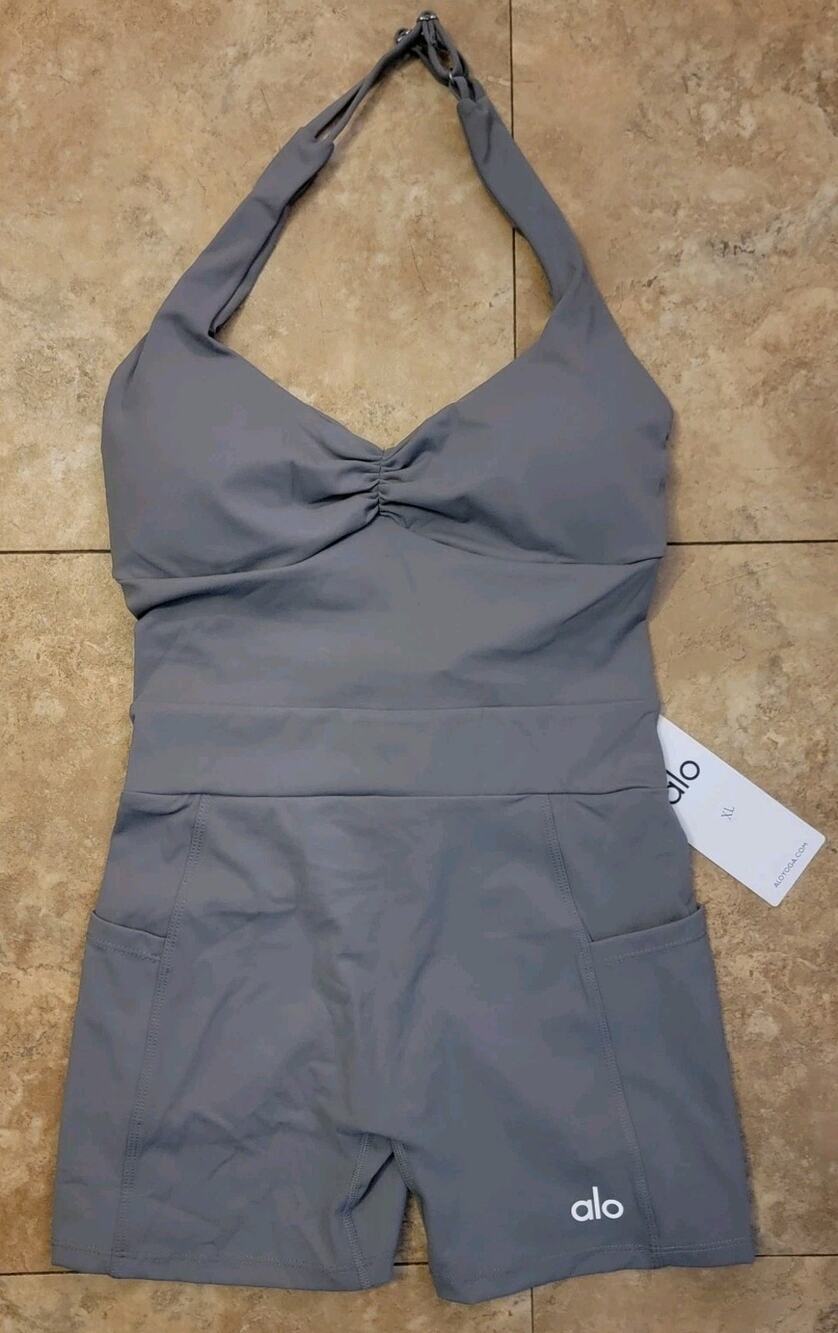 ALO Yoga Alosoft XL Sun Out Romper Gray Tennis Athleisure Active Pickleball New
